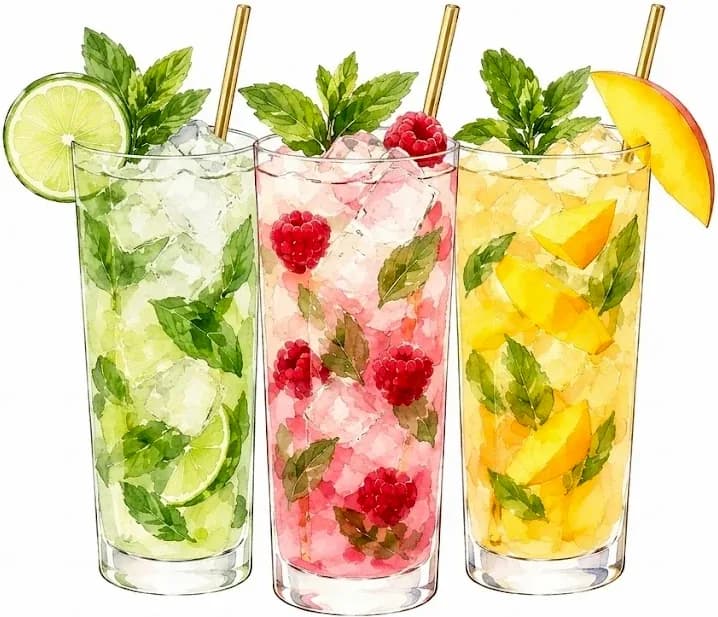 Trois mojitos à l’aquarelle : classique au citron vert, framboise et mangue